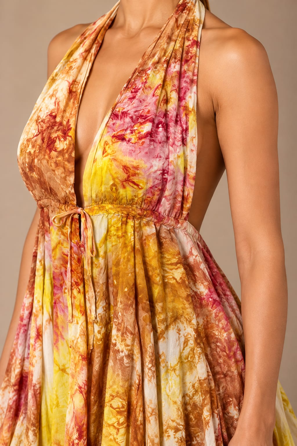Marbled Sun Halter Mini Dress, close view of the tie-dyed voile and waist tie