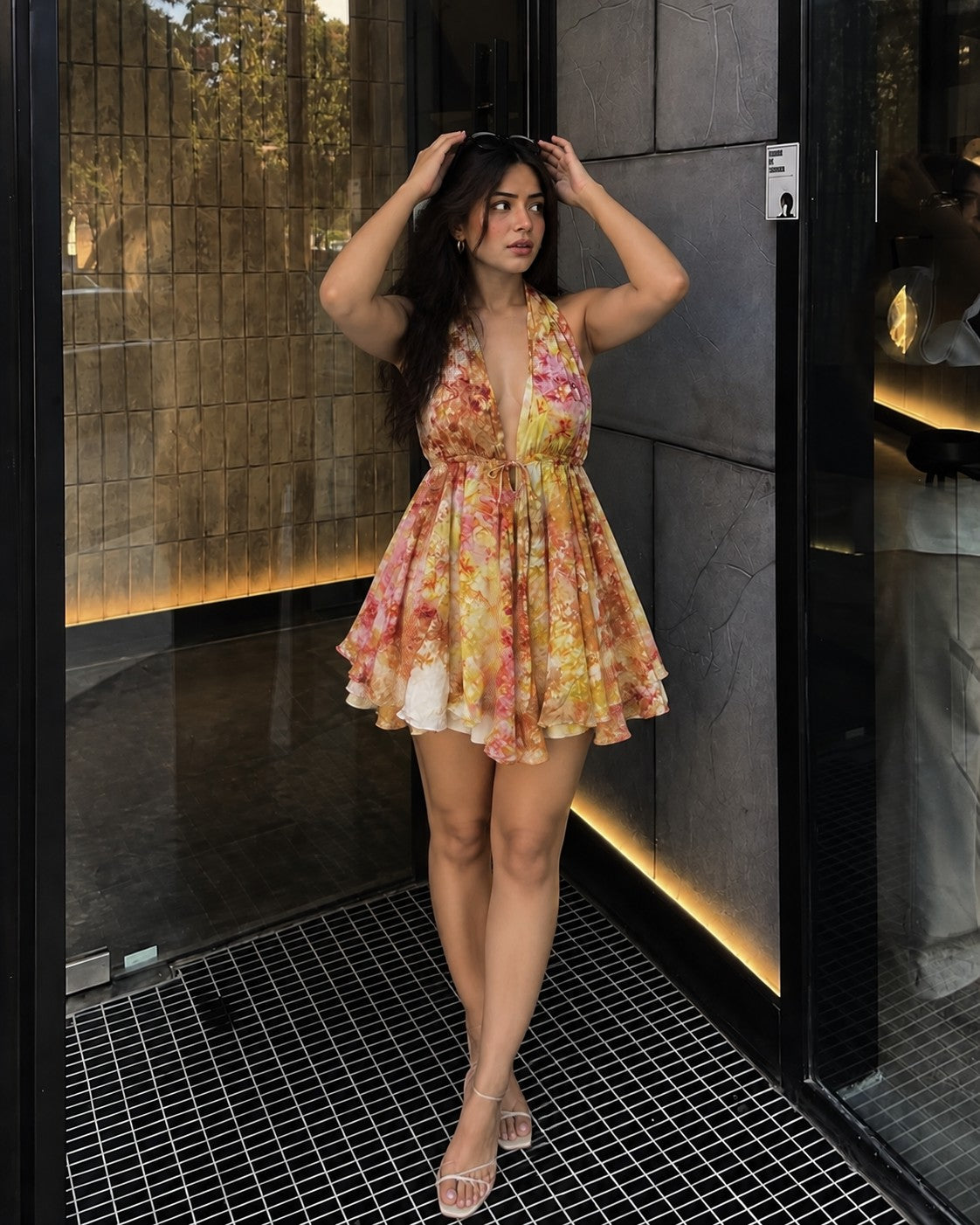 Marbled Sun Halter Mini Dress, styled look