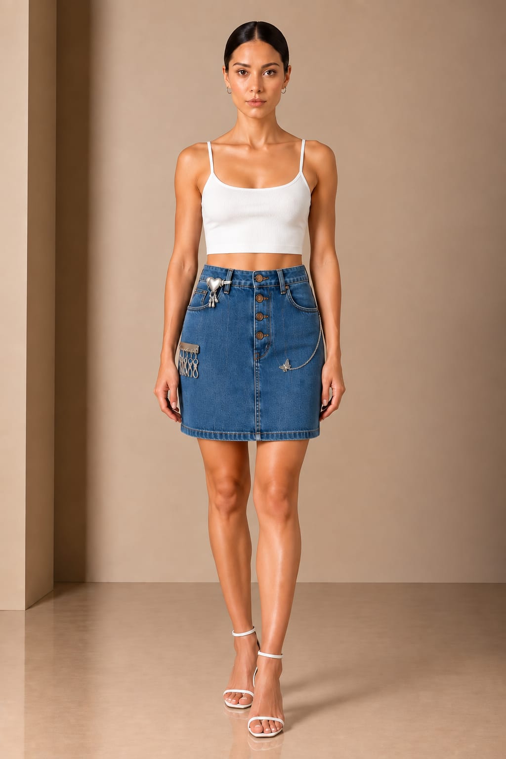 Charm hardware denim mini skirt worn with a white cami, front view