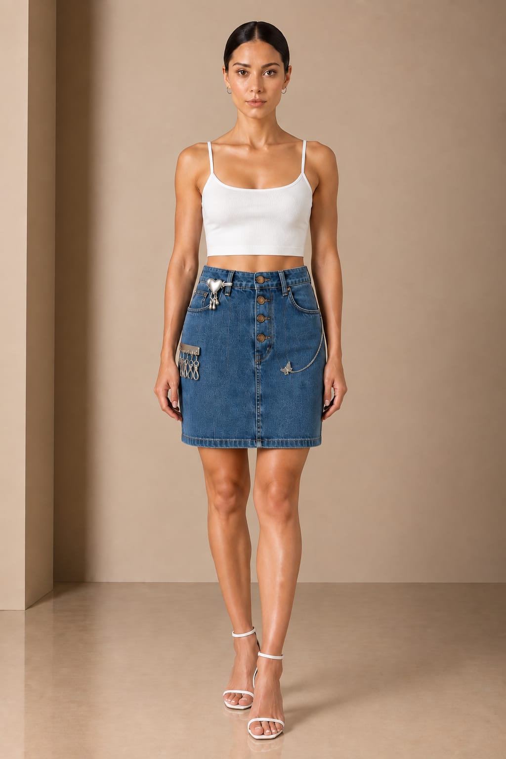 Front view of the denim mini skirt showing the four-button fly