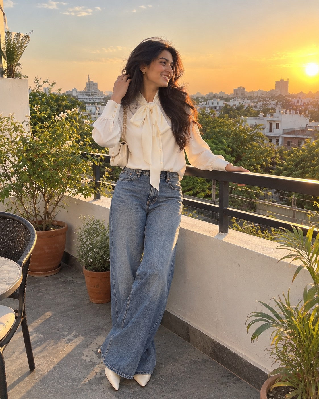 Ivory Satin Pussy-Bow Blouse, styled look