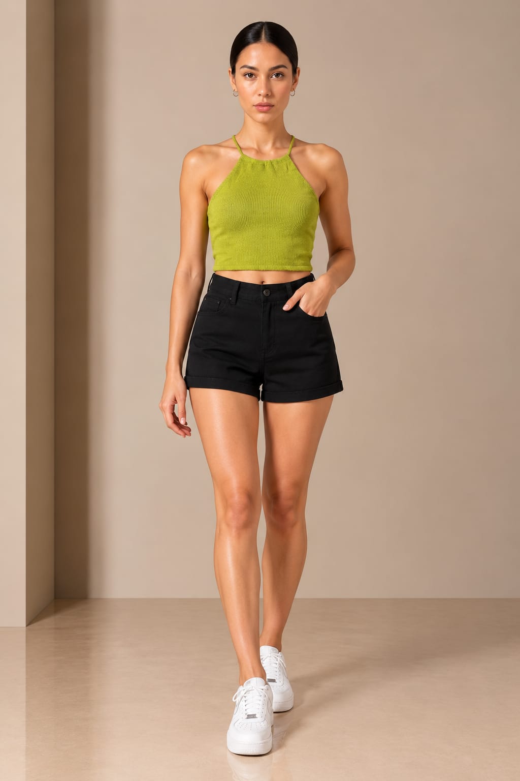Lime knit halter top worn with black denim shorts, front view