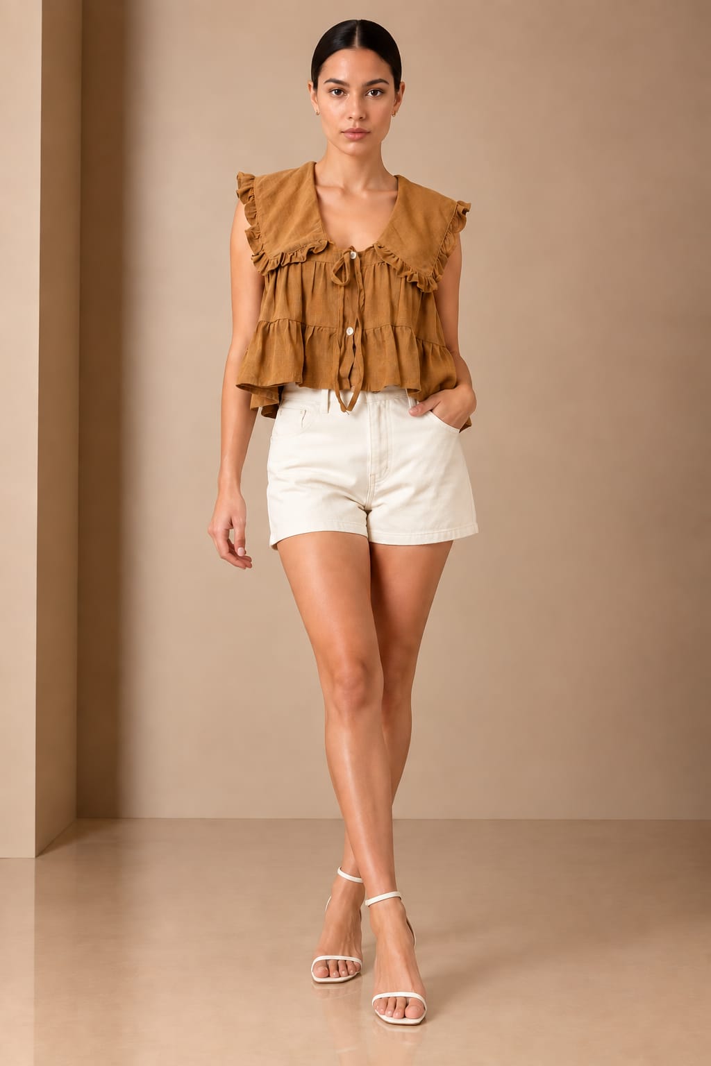 Mustard Ruffle Collar Tiered Top — front