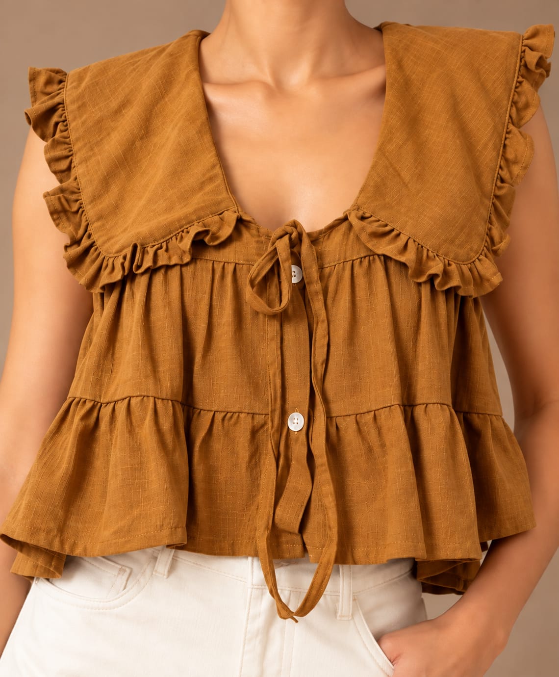 Mustard Ruffle Collar Tiered Top — collar and tie detail