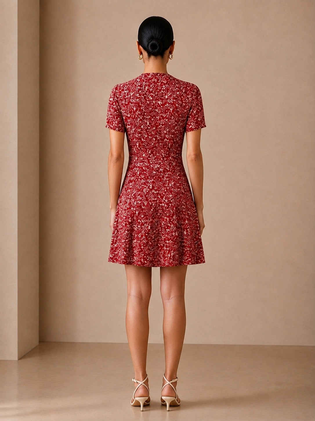 Red Ditsy Floral Puff-Sleeve Mini Dress — back