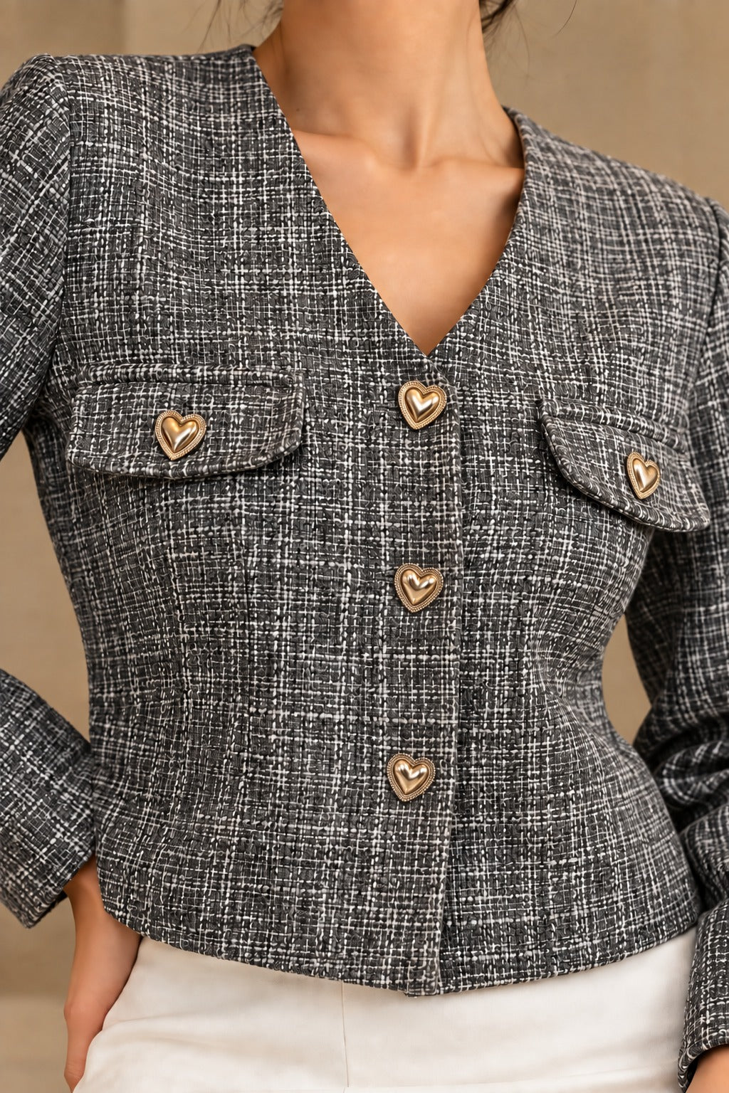 Grey Tweed Heart-Button Cropped Jacket — heart button detail
