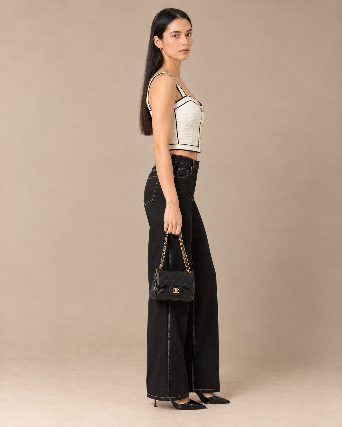 Ivory Piped Gold-Button Bustier Top, side view