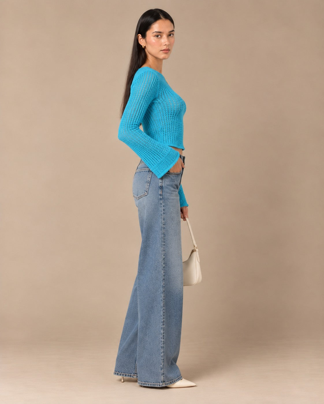 Sky Blue Open-Knit Flare-Sleeve Crop Top, side view