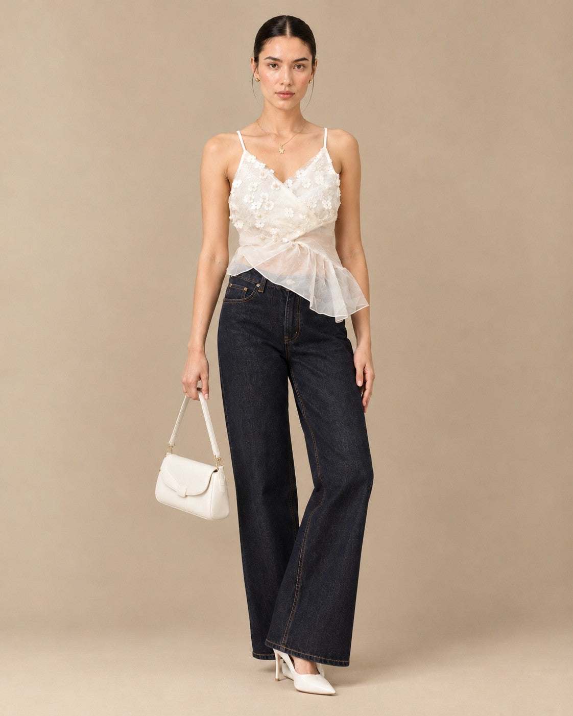 White Lace Pearl-Flower Peplum Cami, front view