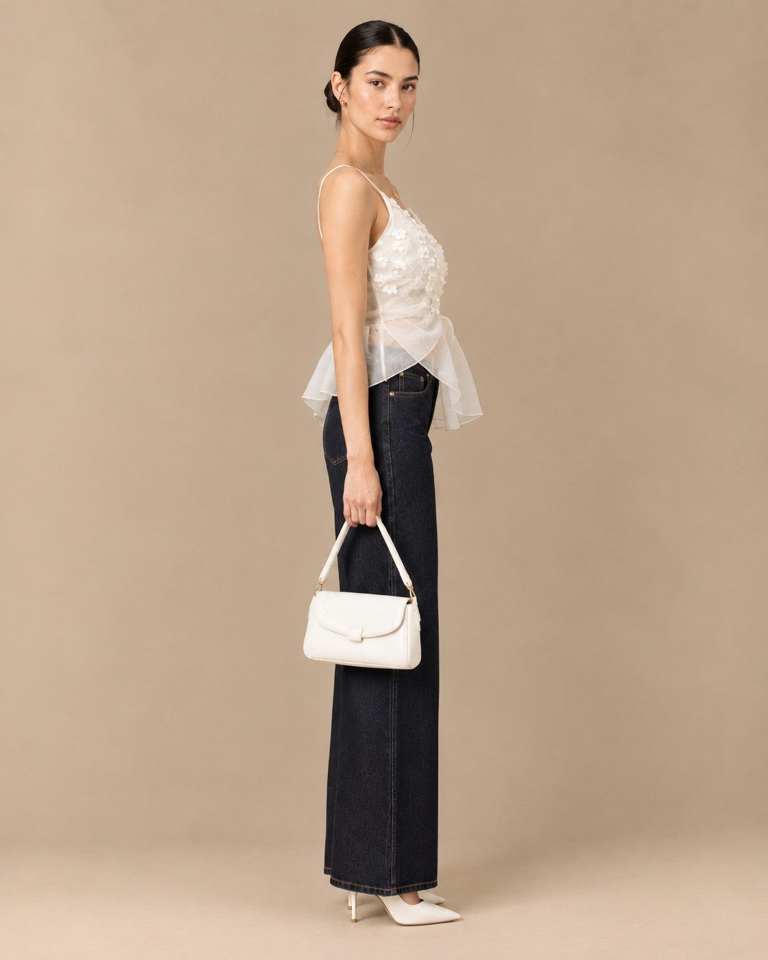 White Lace Pearl-Flower Peplum Cami, side view