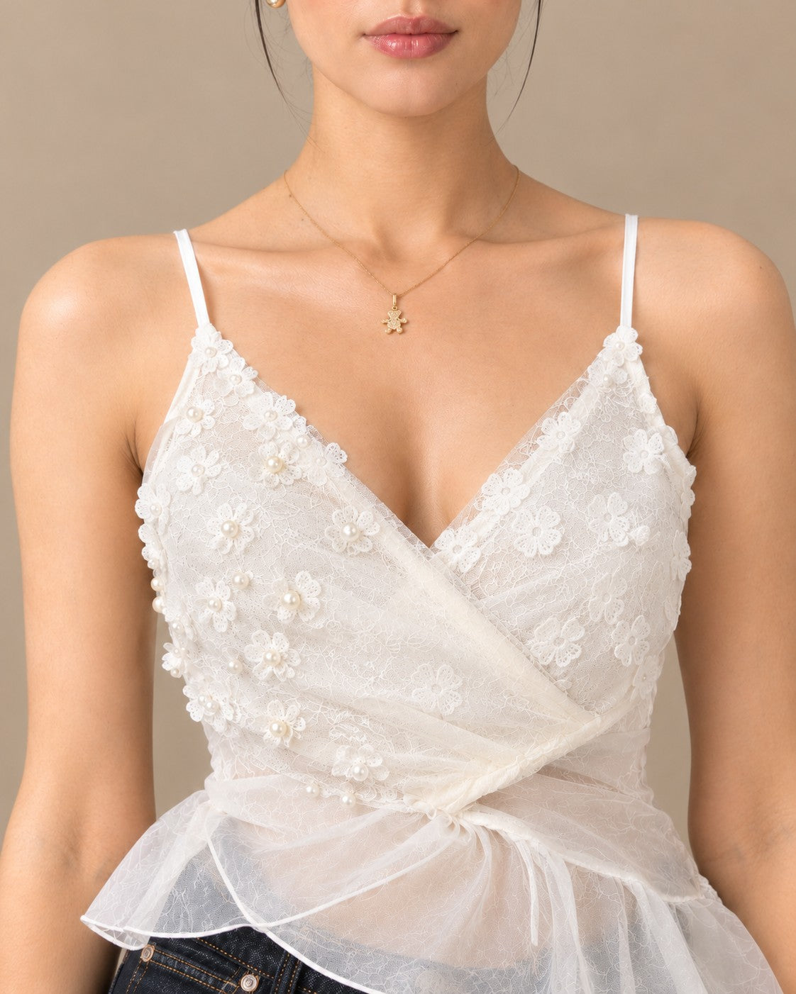 White Lace Pearl-Flower Peplum Cami, close view of the pearl-centred lace flowers