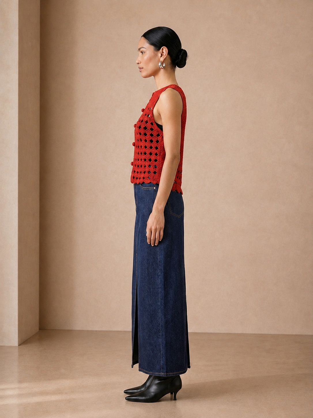 Scarlet Medallion Crochet Vest side view showing the scalloped hem
